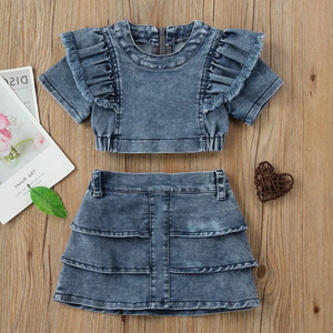 Conjunto 2 pçs jeans bebê verão 2022, vestido + saia crianças roupas jeans - Product Image 1