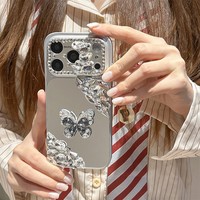 Coque de téléphone de luxe pour iPhone 17 Pro Max avec strass papillon en TPU+PC, design miroir personnalisé pour femme, protection de l'appareil photo, compatible iPhone 16
