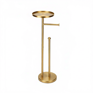 Porte-rouleau de papier toilette de luxe doré sur pied avec étagère de rangement et support pour brosse WC, multifonctionnel pour salle de bain - Product Image 2