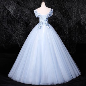 Off-Shoulder Ball Gown Sky Blue Tulle Empire Waist Floral Print Evening Dress For Stage Performance Hostess - Product Image 3