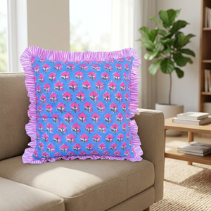 Floral Square <b>Cushion</b> <b>Cover</b> With Pink Ruffle Trim Bohemian Style Home Decor Pillow Case Blue And Pink Pattern Home Hotel Decor - Product Image 2