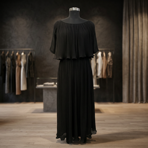 Off-The-Shoulder Pleated <b>Maxi</b> <b>Dress</b> With Cap Sleeves Loose Fit Solid Black Chiffon Casual <b>Dress</b> For All Seasons - Product Image 3