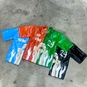 Abbigliamento personalizzato Boxy Y2k Streetwear con Zip <span class=keywords><strong>giacca</strong></span> a maniche corte Applique da lavoro uomo con ricamo in <span class=keywords><strong>pelle</strong></span> sintetica camicie da uomo per uomo - Product Image 3