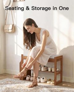 Banco zapatero moderno de madera de pino maciza con cojín suave, almacenamiento de 2 niveles y tapa elevable para recibidor, pasillo, <span class=keywords><strong>dormitorio</strong></span> y sala de estar - Product Image 2