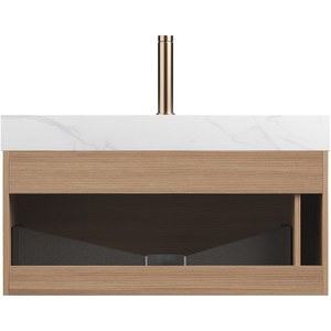 Meuble-lavabo <span class=keywords><strong>NYAH</strong></span> 36'' pour salle de bain, armoire de rangement flottante ultra-mince en contreplaqué avec grille, tiroir avec éclairage à capteur, blanc Carrara - Product Image 4
