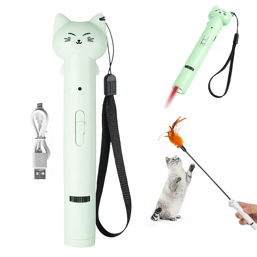 عصا التأثير بالليزر لعبة القطط قابلة للإزالة USB لعبة ترقية الحيوانات الأليفة ألعاب القطط التفاعلية مع الريش والجرس