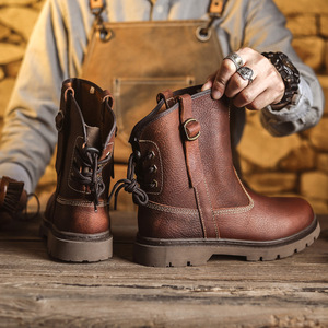 Botas de Hombre de Cuero Genuino Marrón, Punta Redonda, Correa con Hebilla, Suela de Goma, Zapatos para Caminar para Todas las Temporadas - Product Image 2
