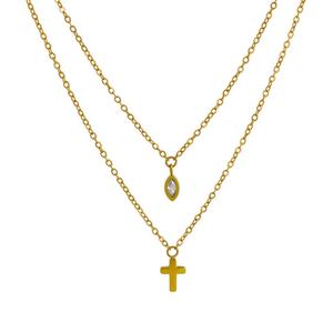 Collar de Acero Inoxidable con Zirconia, Diseño de Cruz, Resistente al Agua y al Deslustre, Chapado en Oro de 18k, Doble Collar para Mujer - Product Image 5