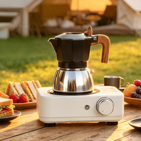 Cafetière Moka Tenrey 2 tasses à double valve en aluminium et acier inoxydable pour cuisinière, avec poignée en bois, pour un café riche en crème et un expresso parfait