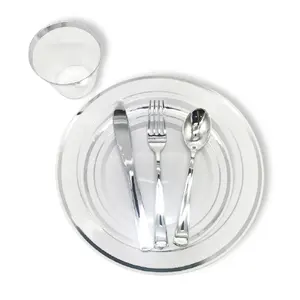 Высококачественные столовые сервизы Серебряная оптовая продажа пластиковая столовая посуда классический двойной обод для свадебной вечеринки Пластиковые столовые тарелки наборы