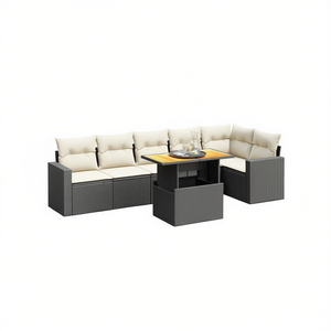 Cream White And <b>Black</b> Rattan Garden <b>Sofa</b> Set With <b>Table</b> 6 Seater Outdoor Furniture Contemporary Design - Product Image 1