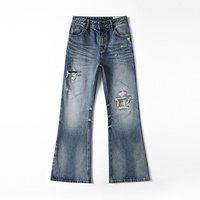 Jean déchiré pour homme 100% Coton Vintage Taille Haute Coupe Bootcut Délavé à la pierre Effet vieilli Coupe ample structurée Streetwear Broderie Rivets