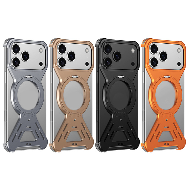 Luxury Aluminum Magnetic Stand Phone Case for iPhone 17 16 15 14 Pro Max 17 Air Frameless Heat Dissipation Feature Phone Case
