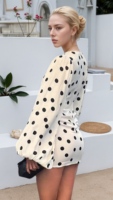 Robe moulante sexy pour femme à col en V profond, manches évasées, taille haute, imprimé à pois, tissée, élégante