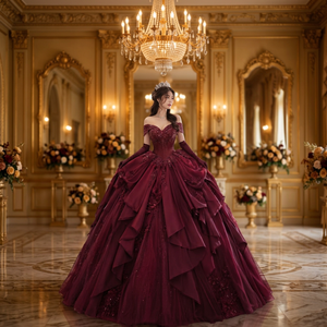 Vestido de Gala Borgoña con Hombros Descubiertos, Escote Corazón, Largo hasta el Suelo, de Tul y Tafetán Radiante, Estilo Vintage con Cola Capilla - Product Image 3