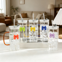 Tasse carrée en verre avec nœud coloré et poignée, tasse à café en verre résistant à la chaleur avec paille, tasse à eau pour café et lait