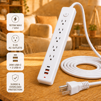 Multiprise américaine 1875W à 5 prises avec ports USB-C et double USB-A, protection contre les surtensions, cordon d'extension de 1,8 m, fiche 3 broches pour la maison et le bureau