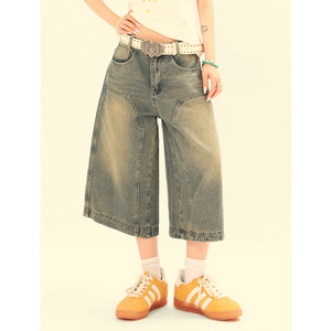 Wholesale <strong>Custom</strong> Denim Shorts Acid Washed Vintage Color Customizable <strong>Labels</strong> Zipper Fly Pants Splice Sun Faded <strong>Jeans</strong> for Women - Product Image 2