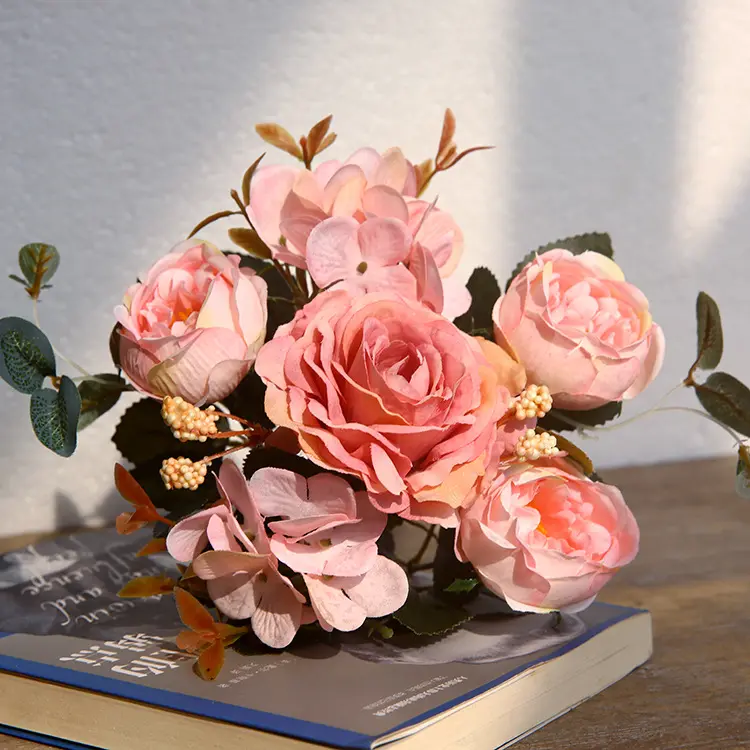 M385 arranjos de mesa de casamento, rosas de seda artificiais em massa, rosas de hortência brancas e rosa de casamento