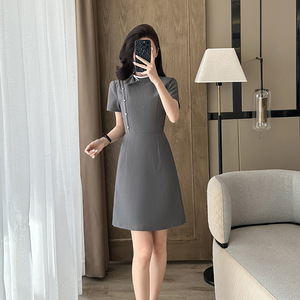 Women's Professional Dress A-Line Peter Pan Collar Black Woven Fabric For Work Commuting Summer Career Wear - Product Image 2