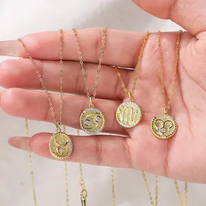 Original Design Initial Zodiac Jewelry Personalized 925 Silver Jewelry 18K Gold Coin Pendant 12 Sign Zodiac Necklace