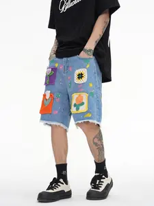 Custom Summer Jeans Shorts Flower Felt Embroidered Patch Washed Denim Streetwear Jean Shorts Mens Hip Hop