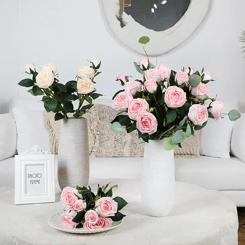 Flores artificiais de rosas, rosas de seda com 3 cabeças, decorativas, de alta qualidade