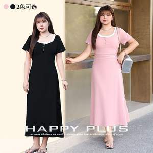 Vestido Tubo Rosa Happy Plus con Cuello Redondo, Manga Corta, Color Sólido, Talla Grande para Mujer, Cintura Natural, Estilo Sencillo - Product Image 3