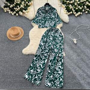 Conjunto de 2 piezas para mujer, estilo salado, conjunto de moda madura, camisa holgada con estampado corto y cintura alta, conjunto de pantalones informales de pierna ancha adelgazantes - Product Image 6