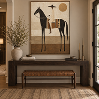 Peinture sur toile Wabi Sabi vintage représentant un cavalier équestre, art mural figuratif aux tons terreux pour la décoration de hall d'hôtel, villa ou bureau