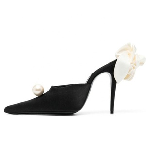 Big Size 45 3D Flower Women Pearl Elegant Sandals Microfiber Stiletto Dress Shoes Thin High Heels Wide Fit Mules <b>Slides</b> - Product Image 5