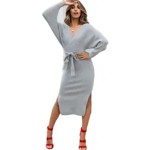 2022 Autumn and winter new European and American women's dress fashion solid color V-neck sweater knitted dress wholesale