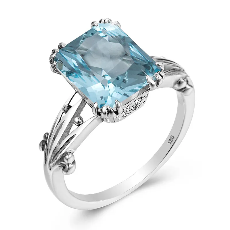 Cincin Topaz Biru Vintage Wanita Batu Permata Kustom 925 Cincin Perhiasan Perak Nikel dan Timah Pengaturan Cakar Gratis
