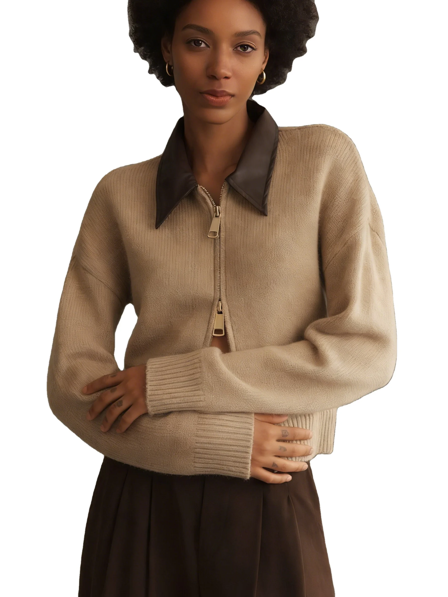 Women's Beige Knit Cardigan with Leather-Trim Turn-down Collar