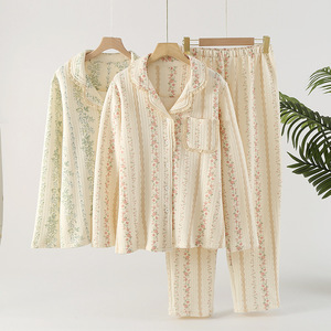 Set di <span class=keywords><strong>pigiama</strong></span> inverno donna manica lunga 100% fiori di <span class=keywords><strong>cotone</strong></span> Set Homewear in pizzo - Product Image 1