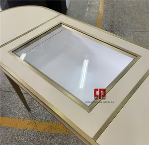 Mostrador de joias de luxo, vitrine de mesa de aço inoxidável oval para móveis