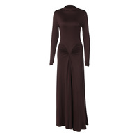 Schlankmachendes, elegantes Kleid für Damen, langärmelig, kaffeefarben, westliche Kleider, Rüschen-Maxikleid, Kleidung