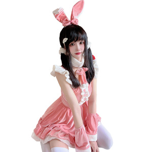 Pink Velvet Dress with White Trim and Bow <b>Women's</b> Fancy Costume <b>Cosplay</b> Outfit No Label for Christmas Halloween Role Play - Product Image 5
