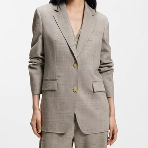 Blazer elegante para mujer con textura de avena y manchas, mezcla de lino, abotonadura sencilla, solapa con muescas y corte relajado. - Product Image 1