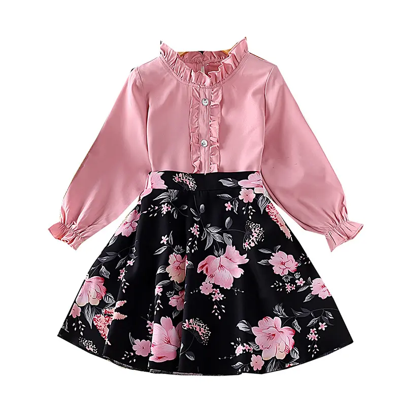 Autumn 2 Pcs Kids Clothing Set Long Sleeve Pink Shirt Floral Printed Skirt Clothes Sets Toddler Girls Casual Dress Outfits