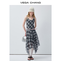 Robe midi en mousseline de soie à carreaux noirs et blancs VEGA CHANG pour femmes, avec col en V et ourlet asymétrique, robe décontractée en mousseline de soie, vente en gros