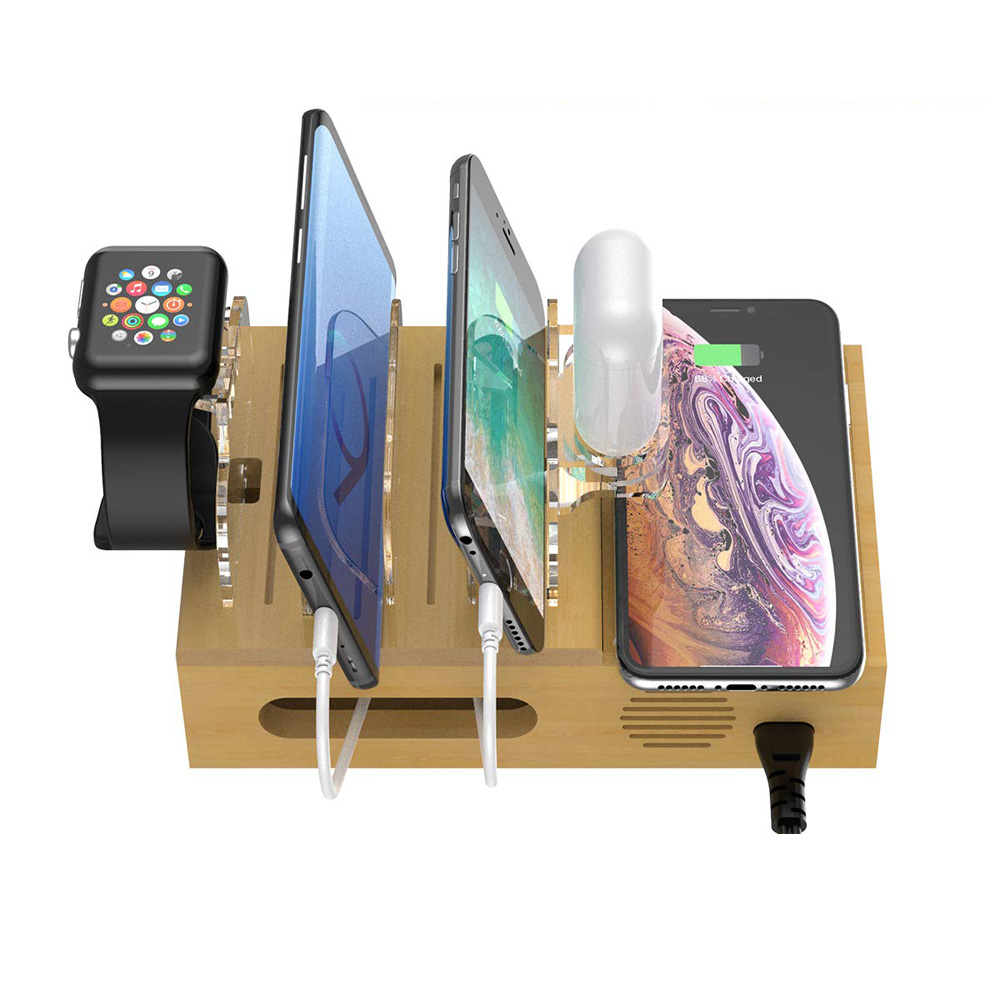Upgrade Bamboo desktop wireless charging USB port docking station multi charger for cell phone /android tablet /Multiple Devices