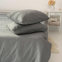 Parure de lit en coton lavé 100% tissé, gris foncé rayé, avec housse de couette imprimée et taie d'oreiller, portable, respirante et écologique – Vente en gros
