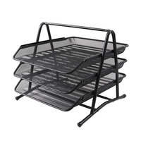 Organisateur de bureau à 3 niveaux en maille d'acier noir et argenté, robuste, pour documents et lettres, avec tiroir coulissant, pour accessoires de bureau