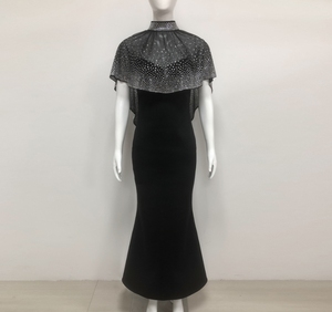 Fabricants de robes personnalisées 2025 robes de soirée noires de luxe robe de sirène élégante avec cape transparente à diamants étincelants - Product Image 4