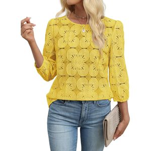 Blusa de Encaje Amarillo para Mujer con Estampado Floral, Manga Abullonada 3/4, Top Informal para Uso Diario - Product Image 4