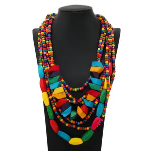Bohemian African Style Colorful Wood Beads Handmade Beads Multi layer Long Necklace Women