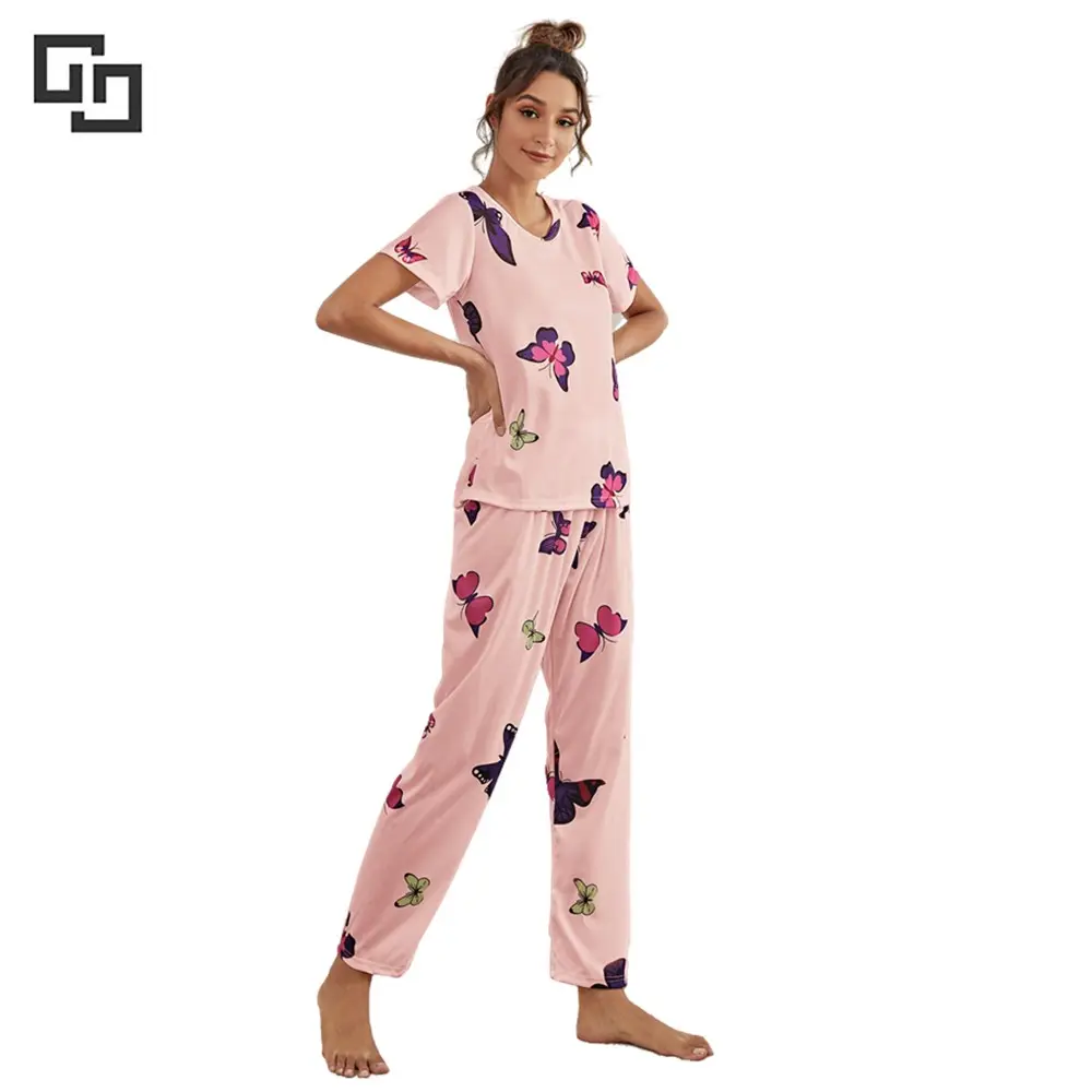 OEM ODM Butterfly Print Tee And Pants PJ Set Girls Summer Loungewear Sets For Women Cotton Bamboo Pajama