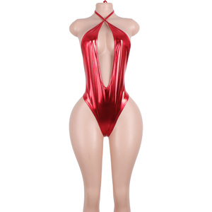 طقم بودي سوت من الجلد اللامع بفتحة صدر عميقة مع سروال داخلي من السباندكس، ملابس رقص مثيرة للفتيات في المسارح والنوادي وقاعات الرقص - Product Image 3