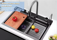 Évier de cuisine moderne en acier inoxydable 304, design nouveau, populaire, noir, simple, intelligent, multifonctionnel, avec cascade numérique LED